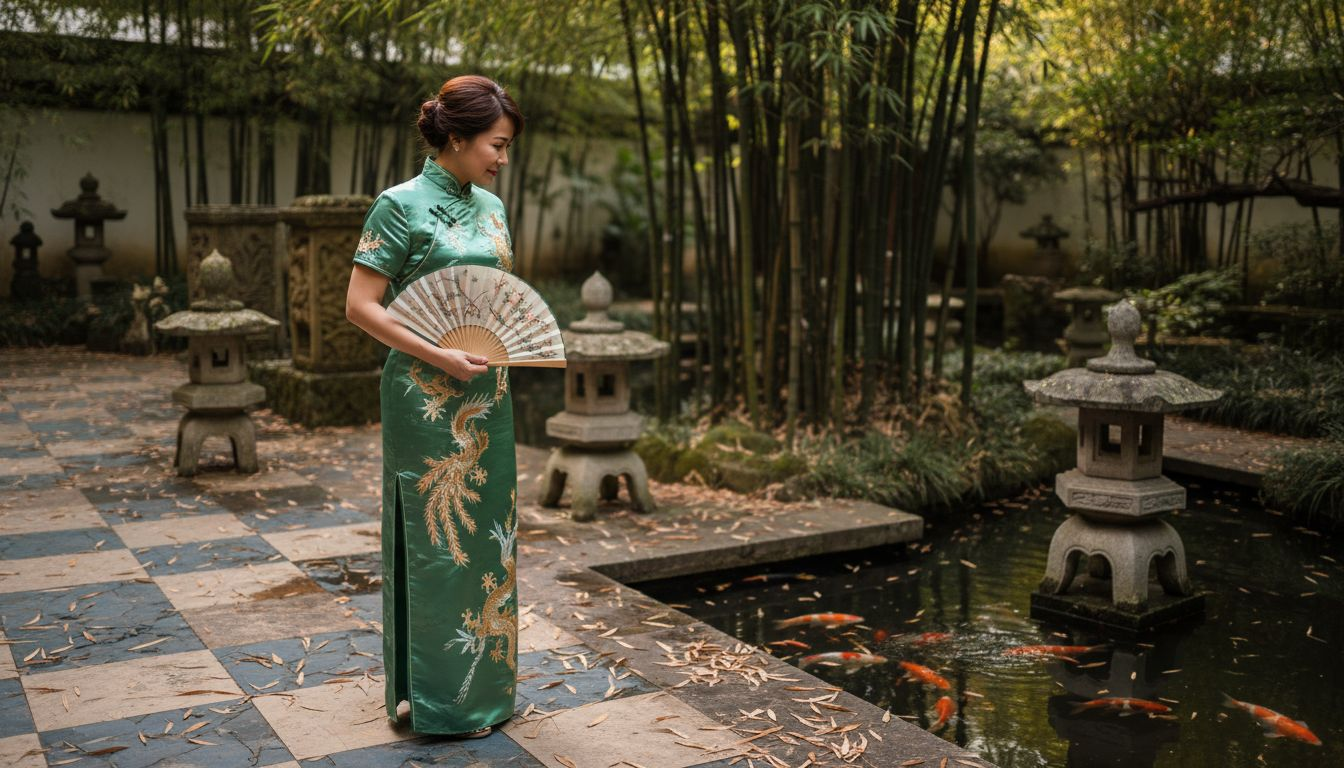 Woman in embroidered silk cheongsam on terrace