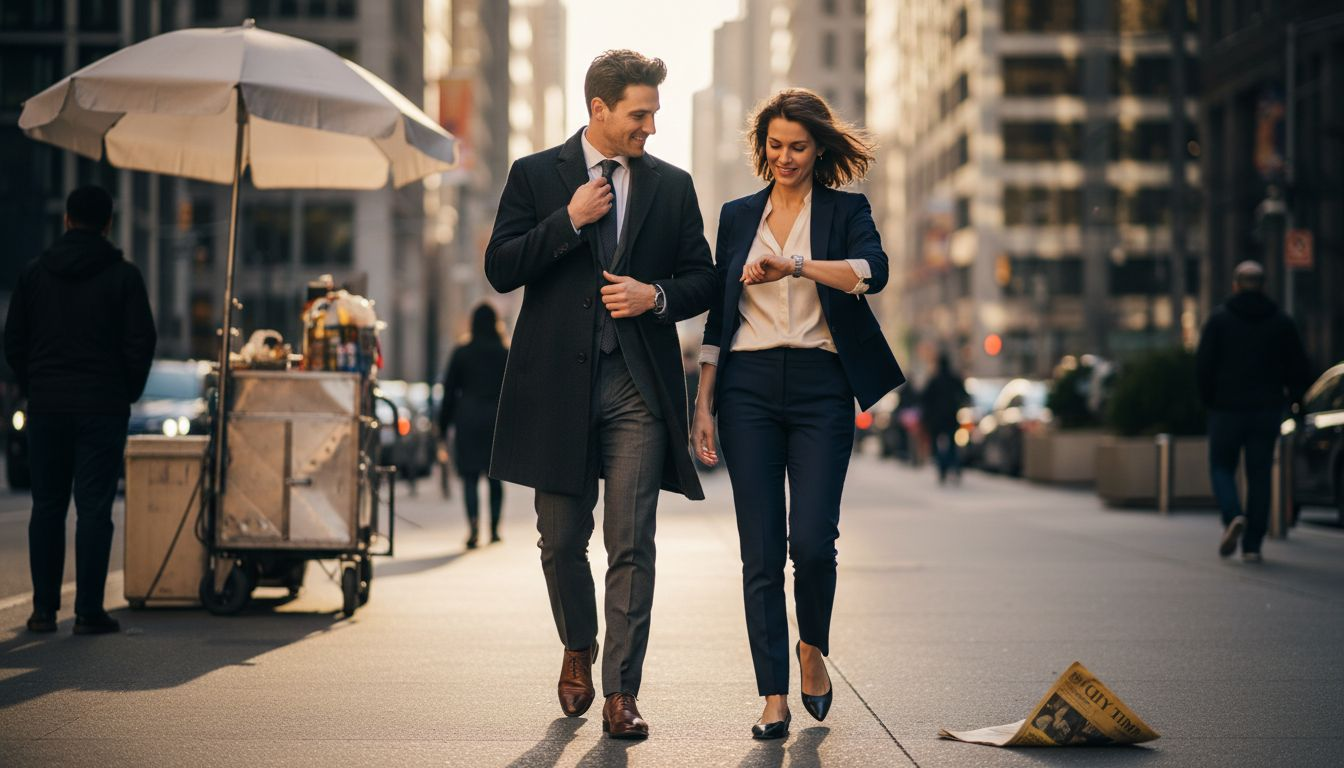 Elegant man and woman on city sidewalk
