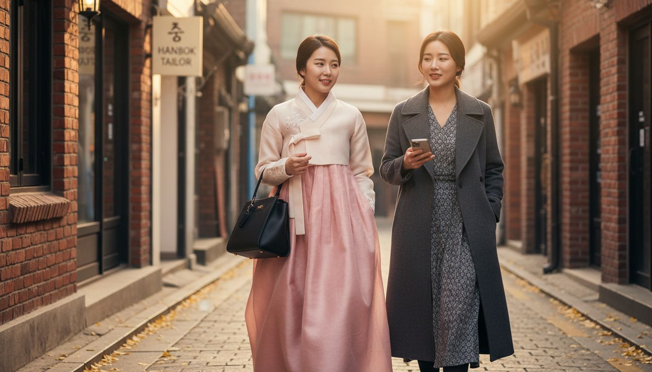 Women in modern hanbok and designer fashion in Seoul