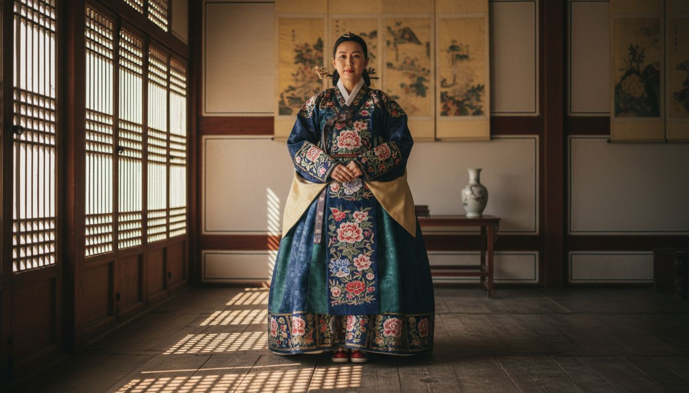 Model in Joseon royal gown in palace chamber