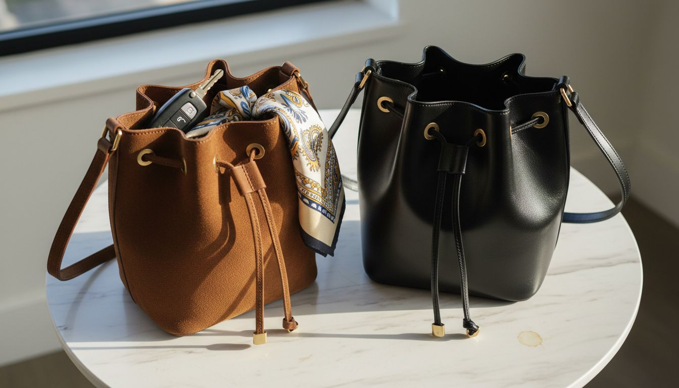 Close up showing bucket bag details and materials