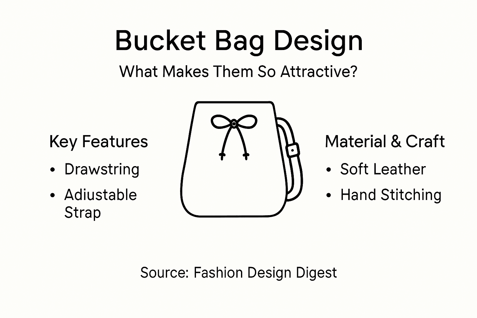 Infographic showing bucket bag features and materials