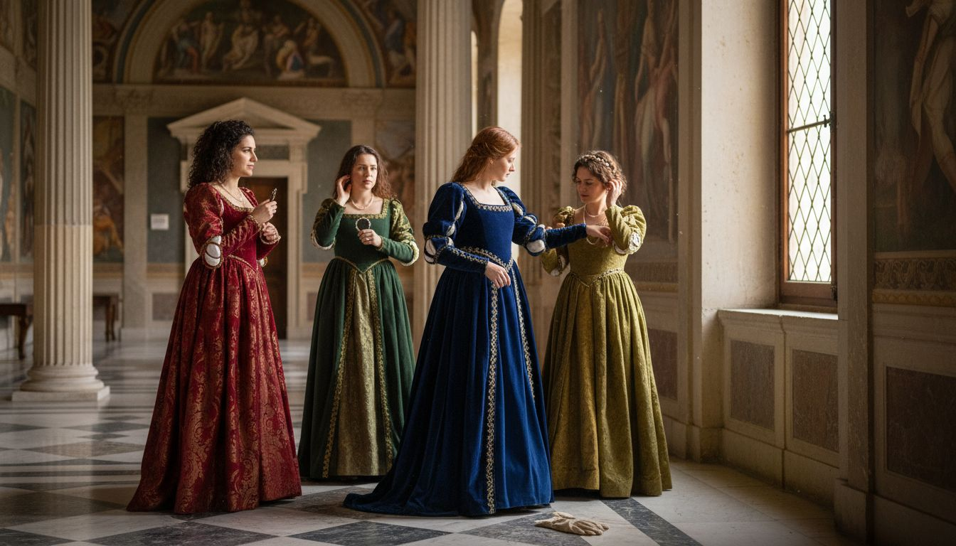 Women in Renaissance gowns in palace hall