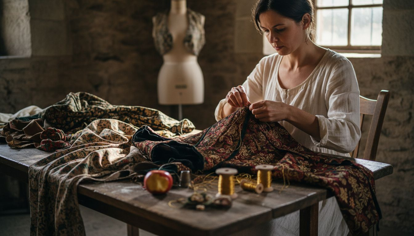 Seamstress hand-stitching Renaissance brocade bodice