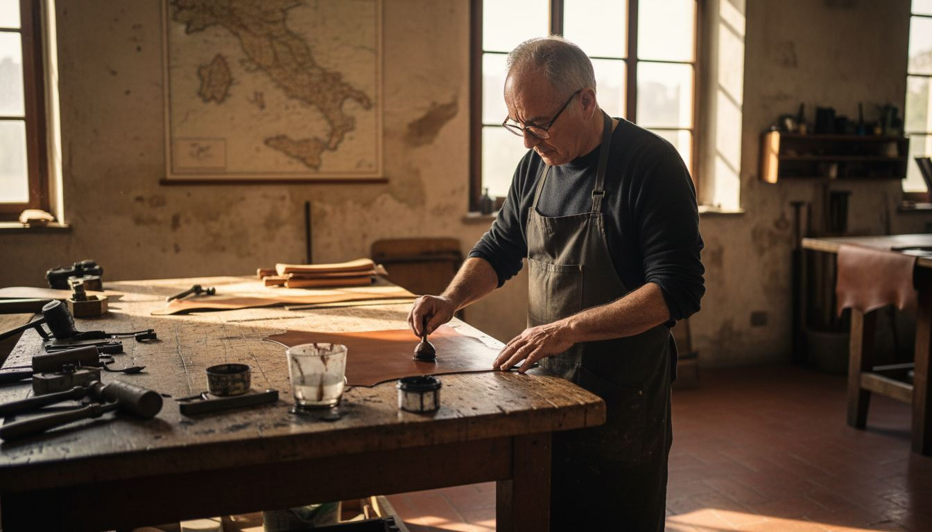 Italian artisan dyeing leather in workshop