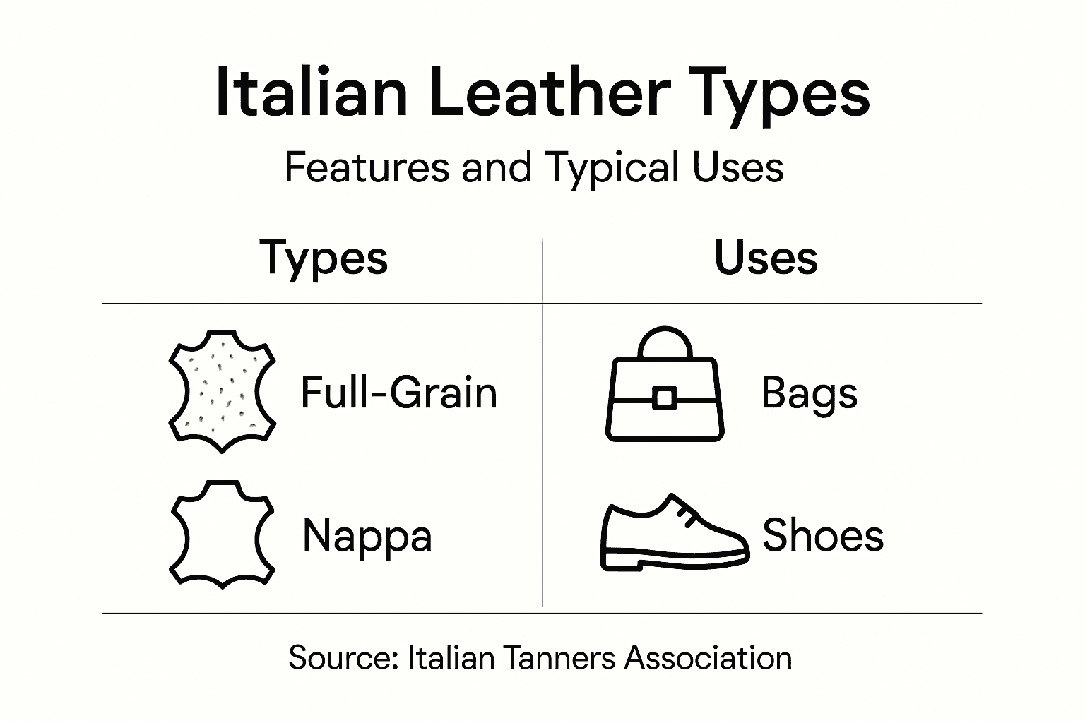 Infographic showing key Italian leather types and uses