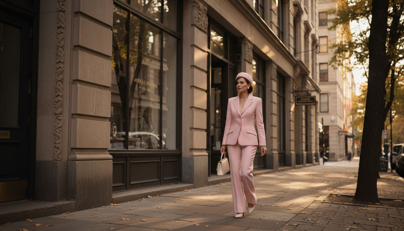 Woman in Jackie Kennedy inspired pink suit on sidewalk