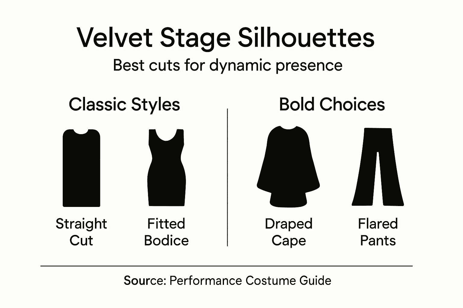 Infographic summarizing velvet stage silhouette types