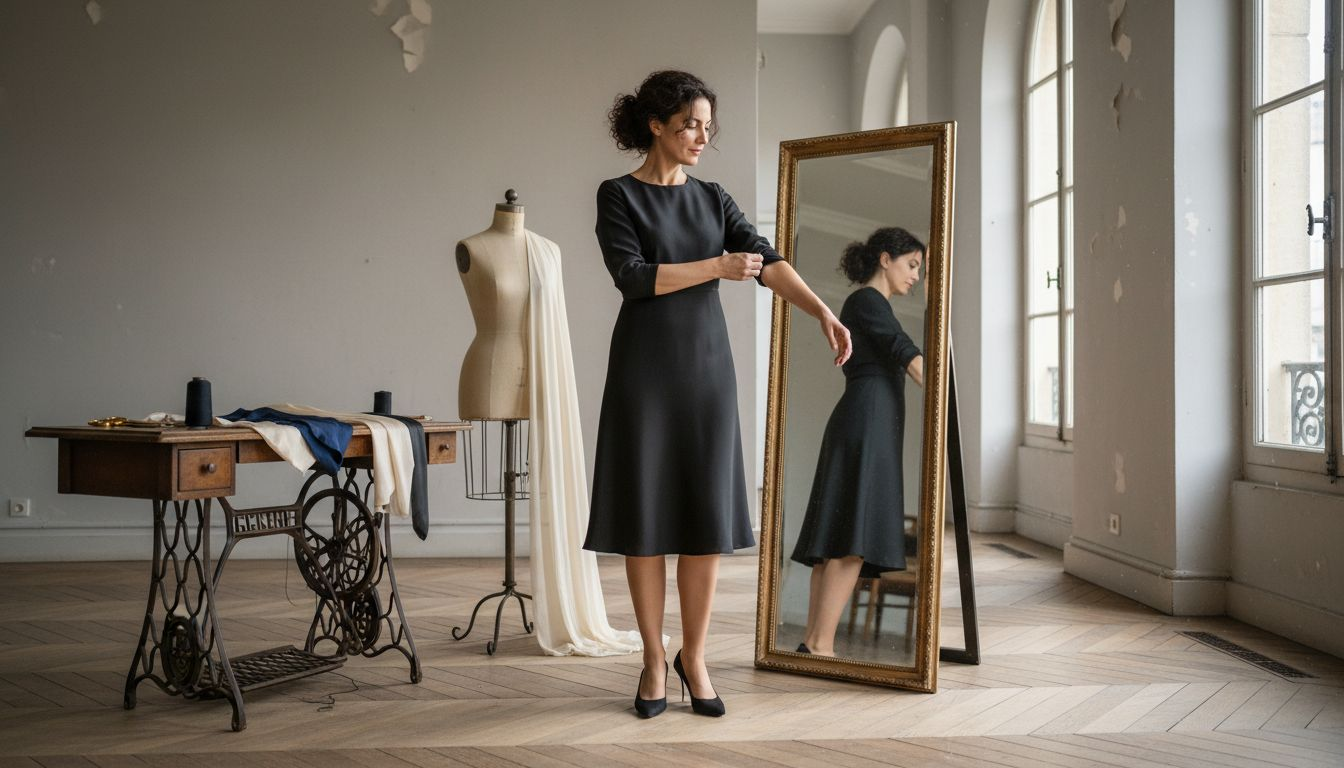 Woman adjusting luxury dress in sunlit atelier