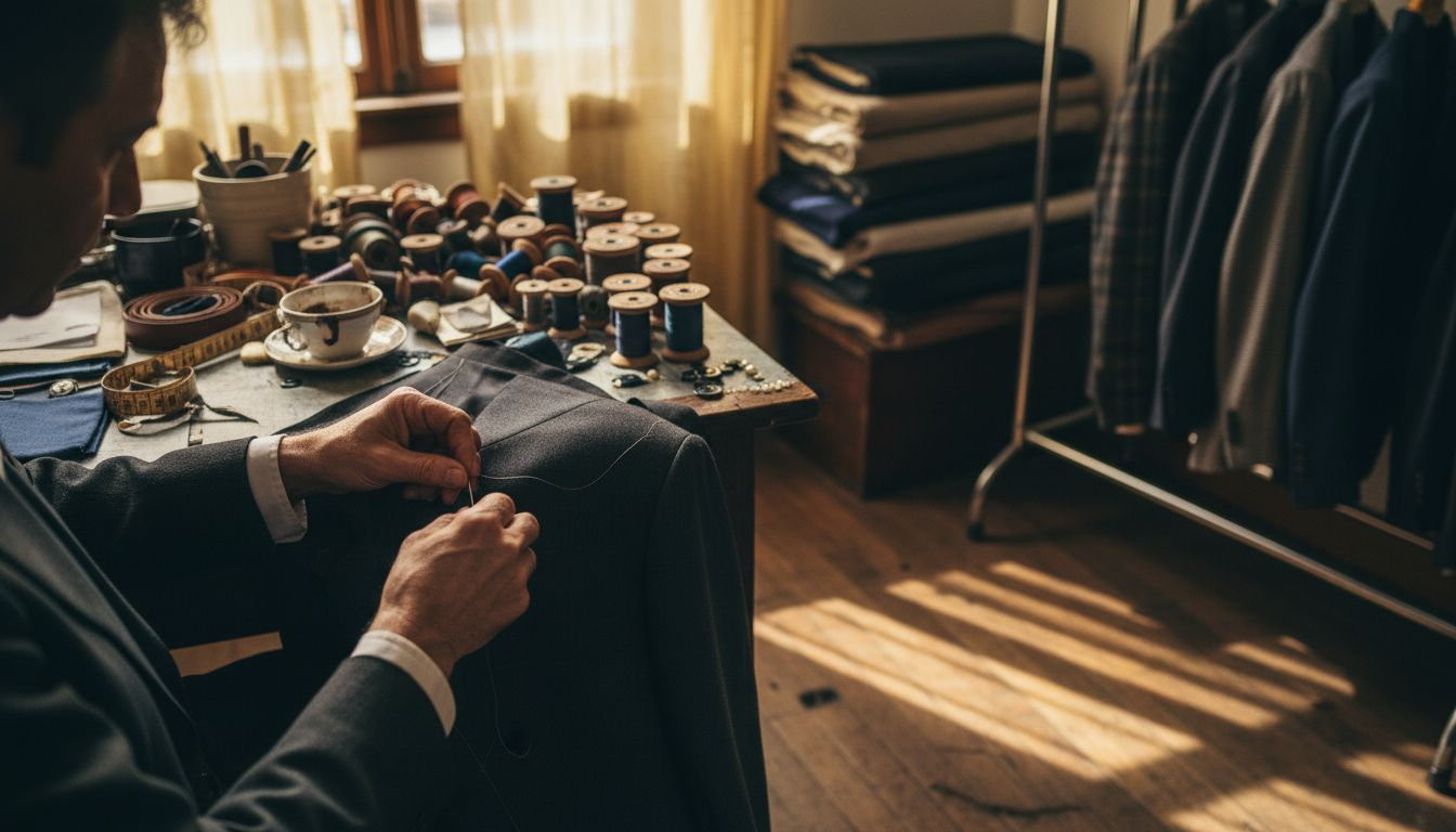 Tailor hand-stitching interior of bespoke jacket