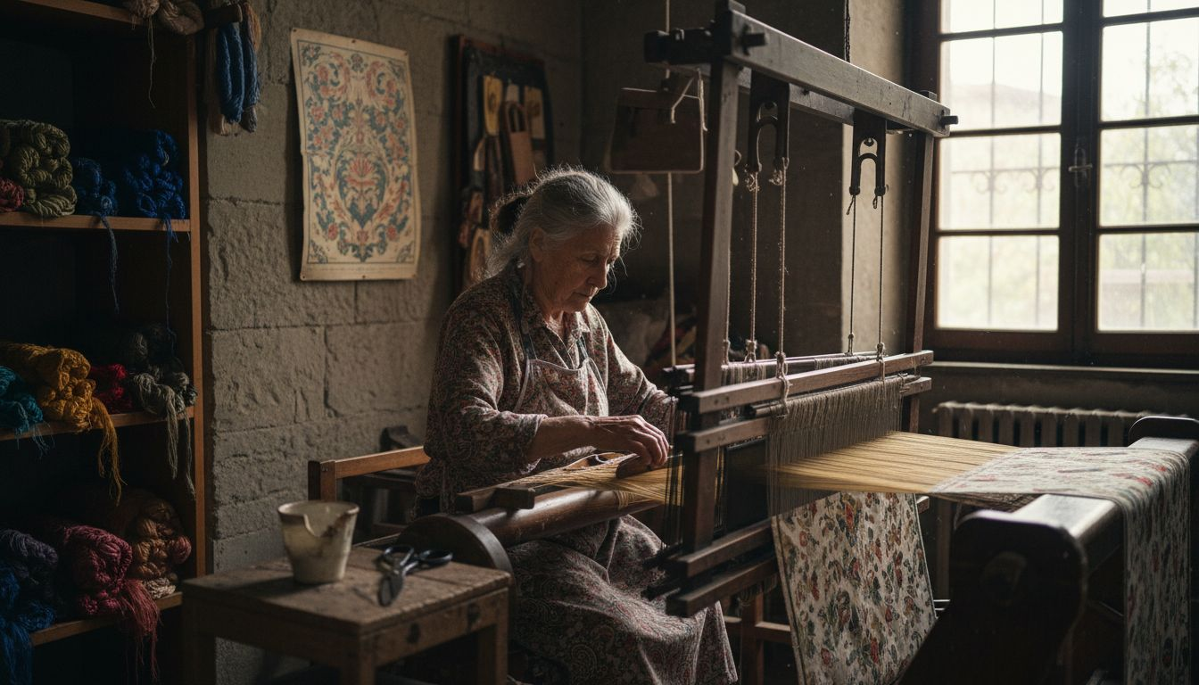Florence artisan weaving silk at wooden loom