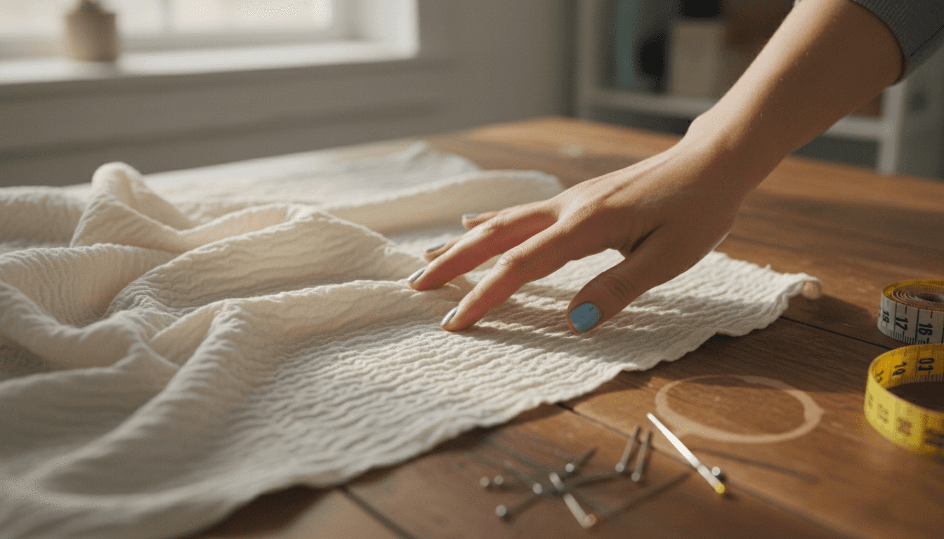 Close-up hand feeling textured crepe fabric