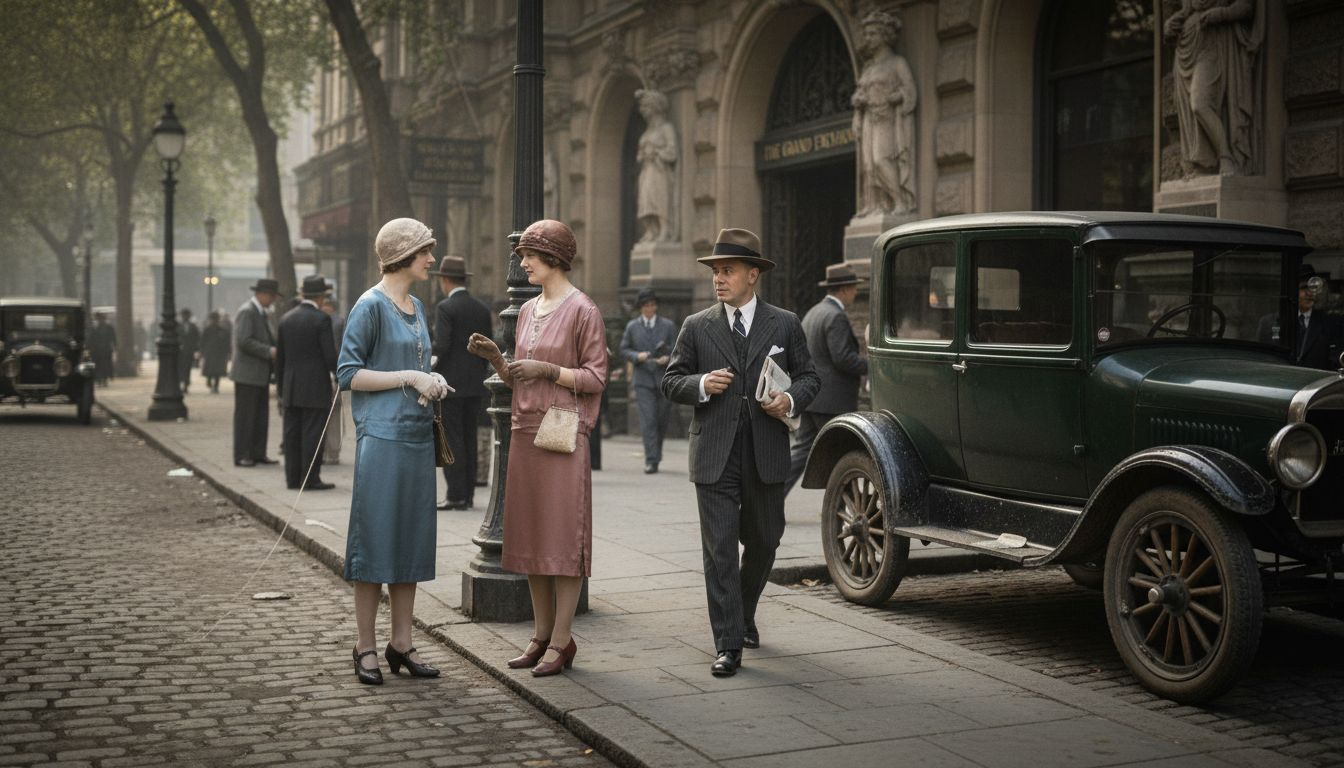 1920s city street fashion gathering