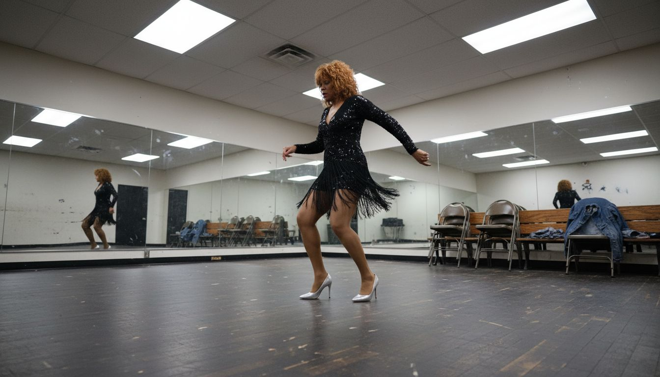 Performer in fringed dress rehearsing backstage