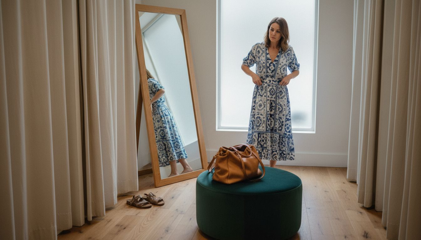 Woman checking summer dress fit in boutique