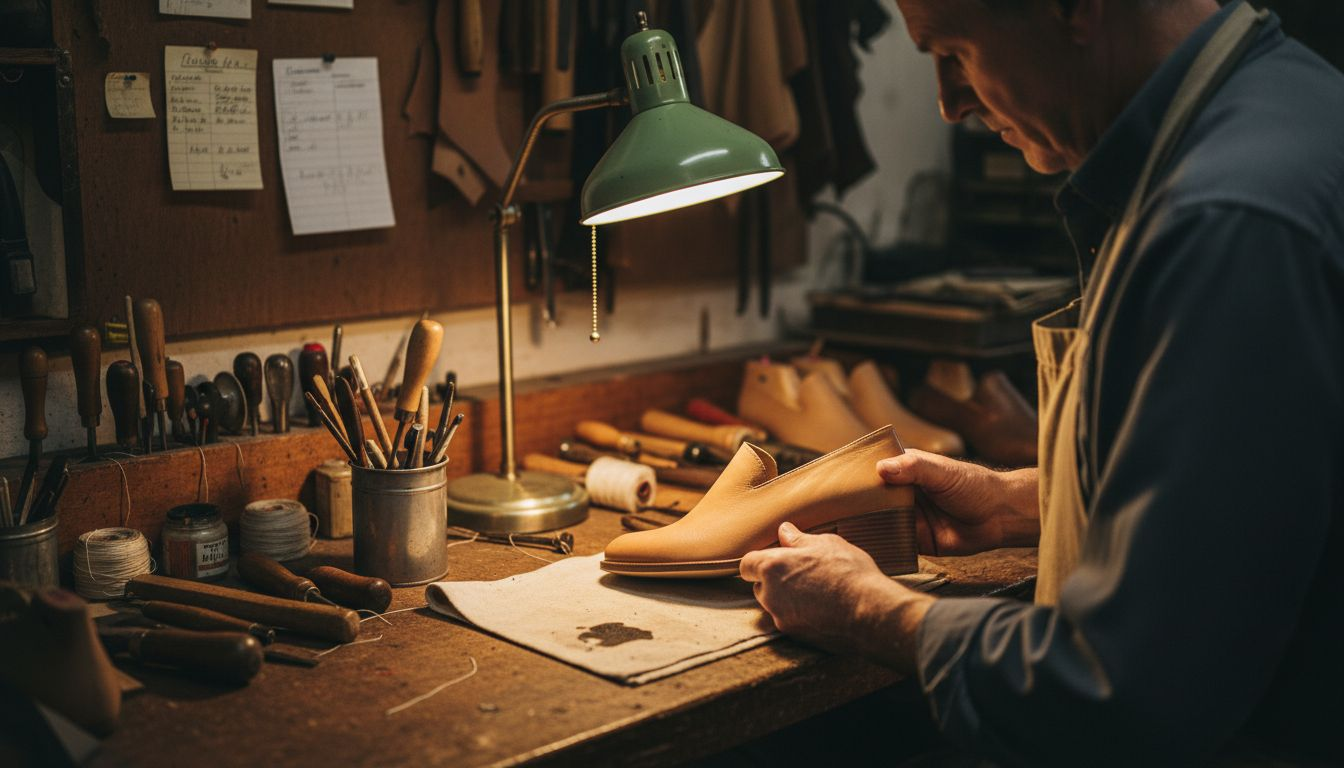 Cobbler inspecting handcrafted block heel shoe