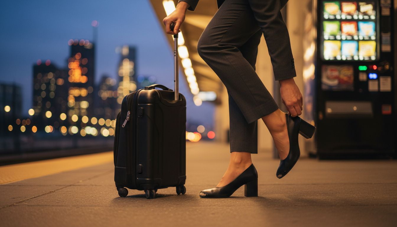 Woman adjusting block heel shoes at city platform
