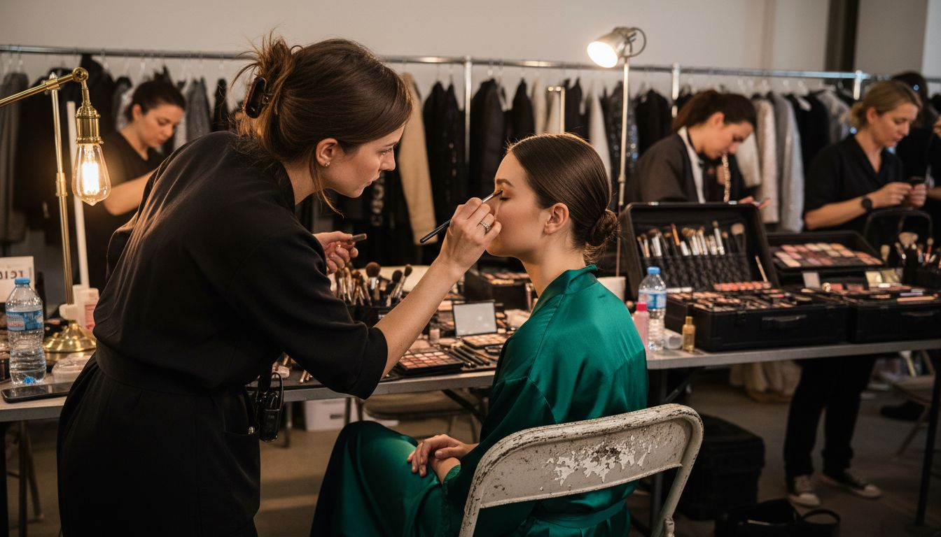 Makeup artist backstage at luxury runway