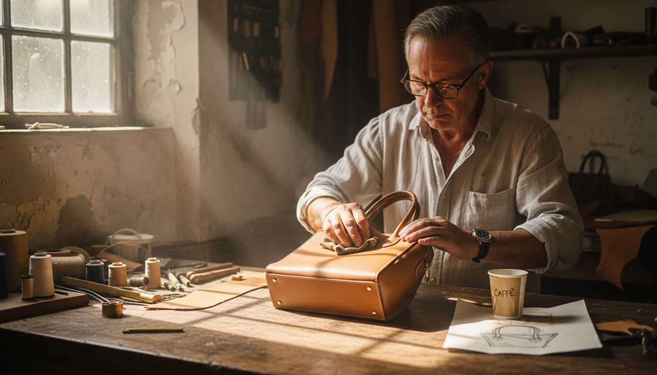 Artisan crafting leather bag in Italian workshop