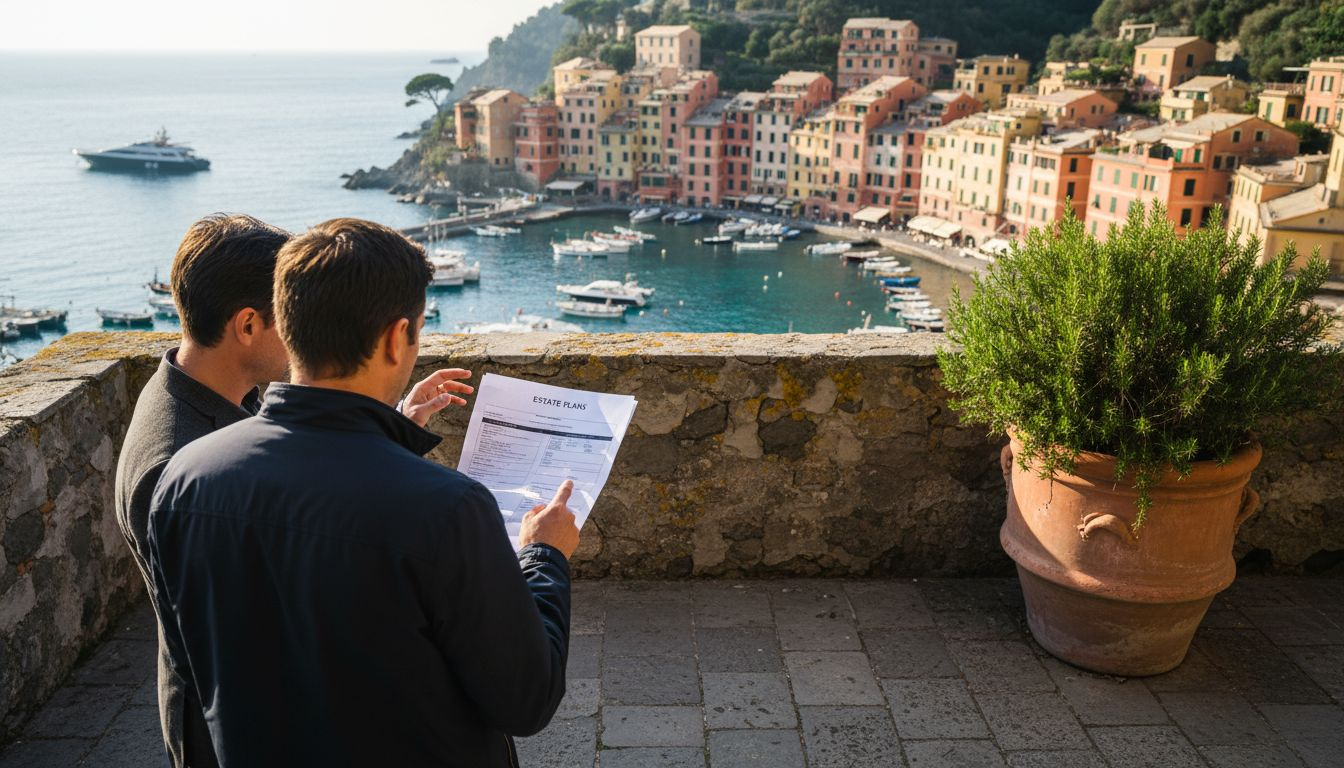 Couple reviewing plans on Portofino estate terrace