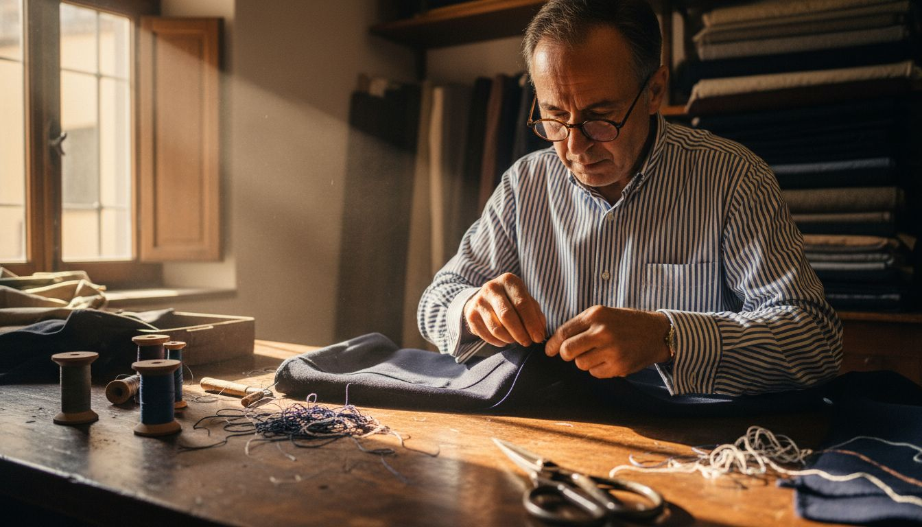 Italian tailor hand-stitching luxury blazer in atelier