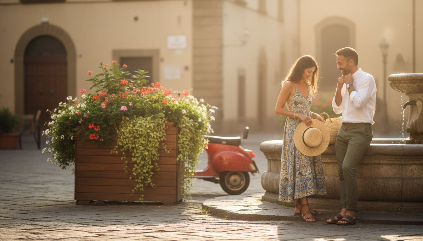 Stylish couple in Mediterranean piazza