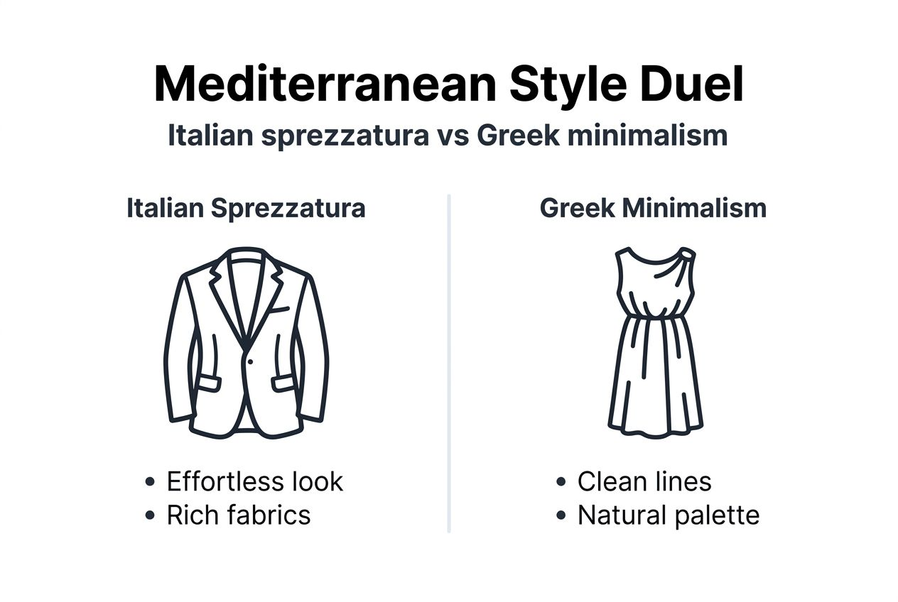 Infographic comparing Italian sprezzatura and Greek minimalism