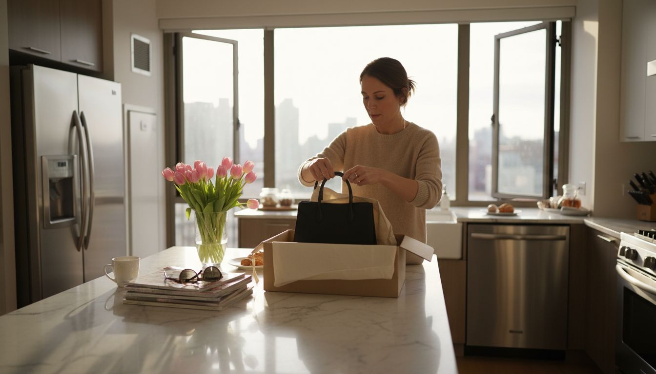 Woman unpacking designer handbag in bright kitchen