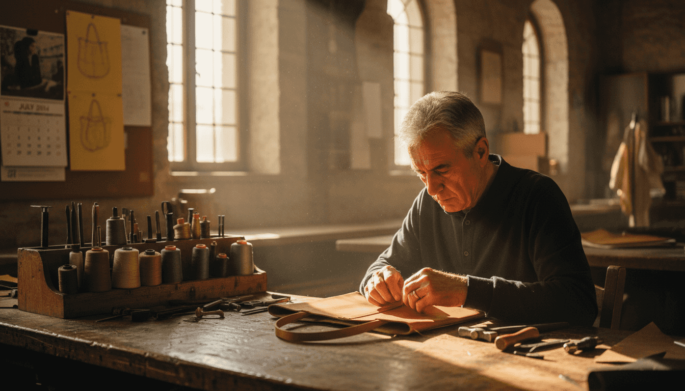 Artisan hand-stitching leather handbag in workshop