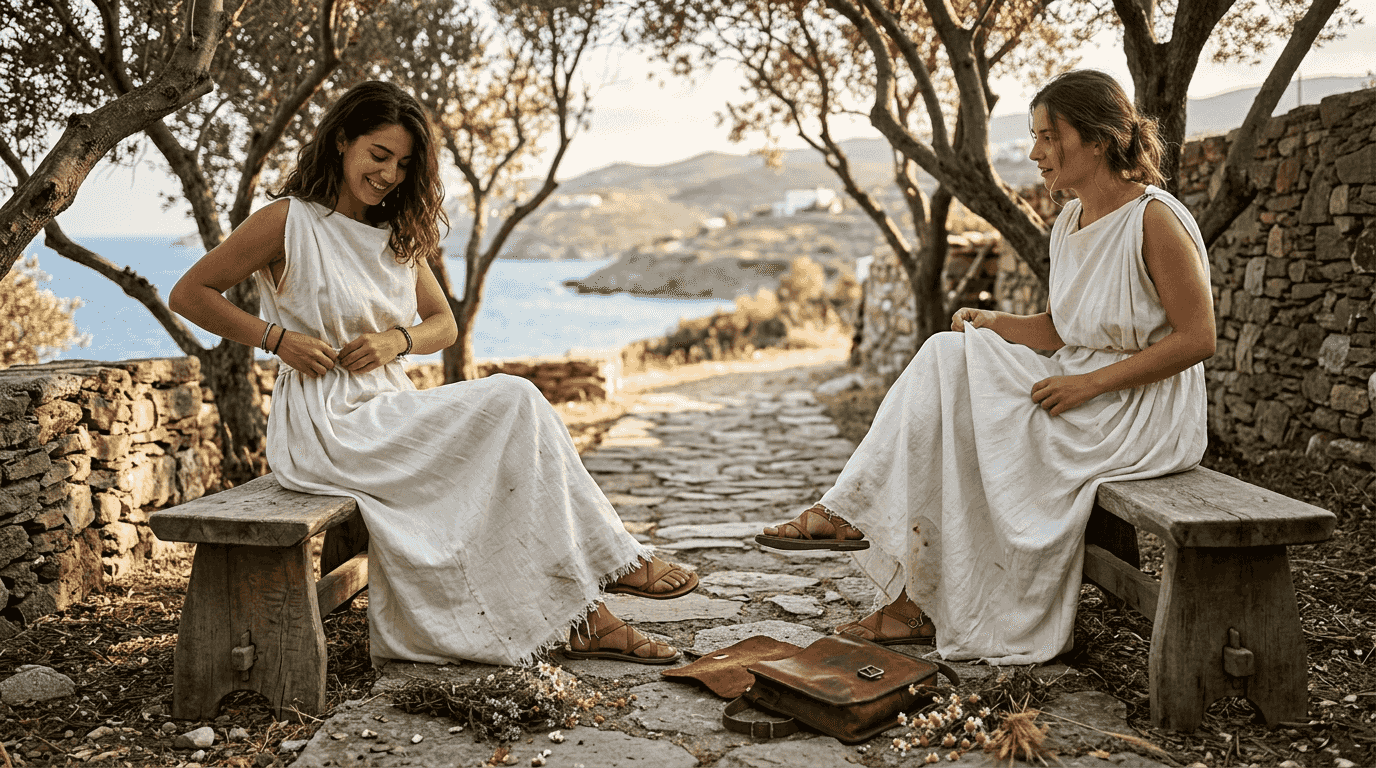 Models in silk garments inspired by Greek