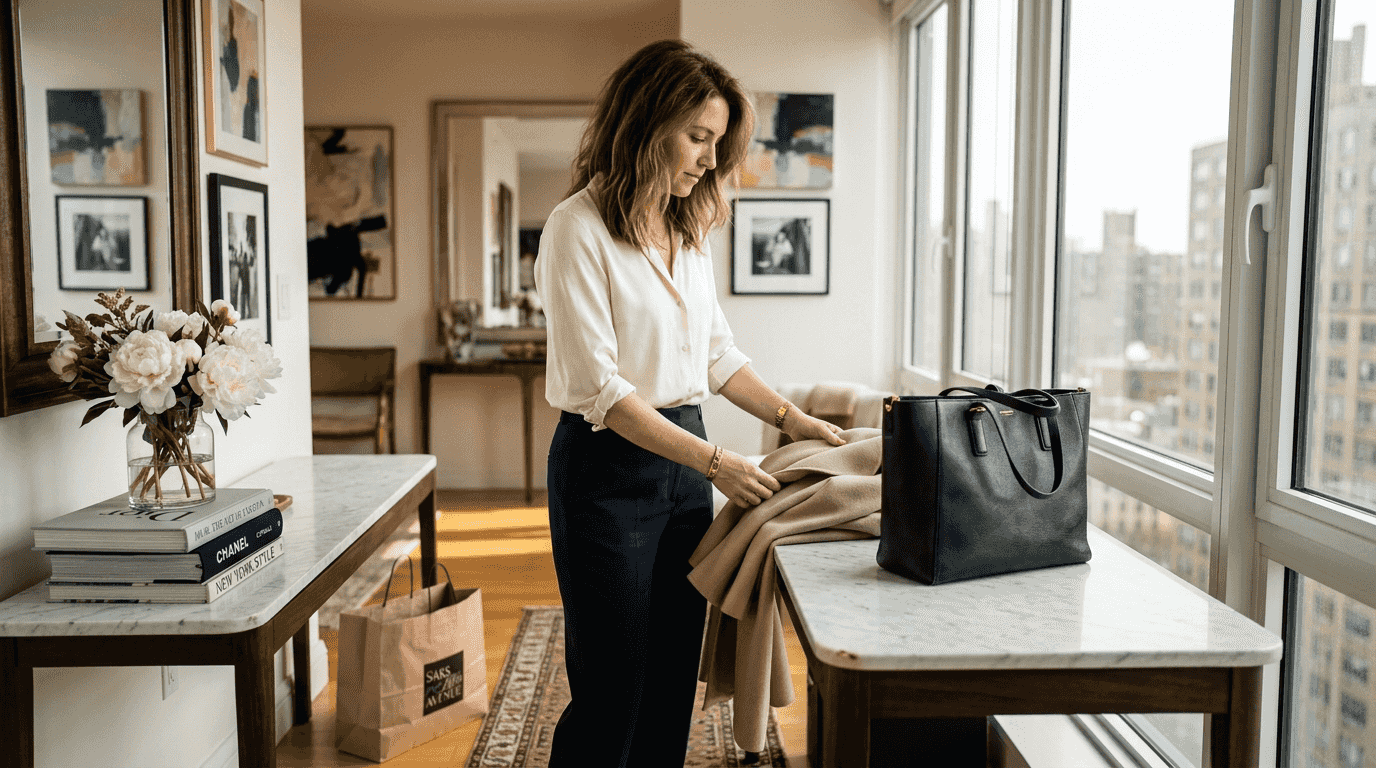 Elegant woman arranging timeless luxury wardrobe pieces