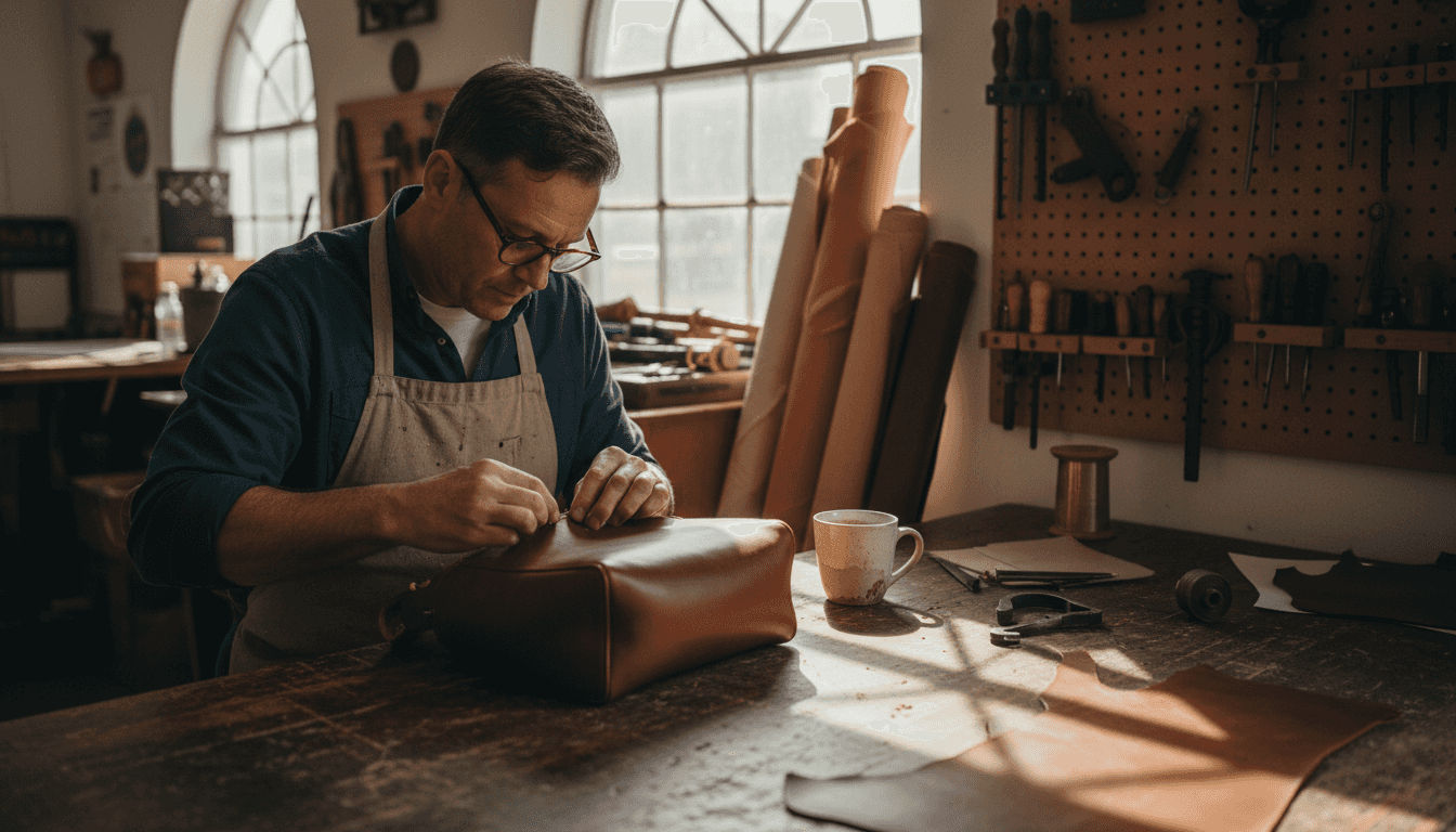Artisan handcrafting luxury leather handbag