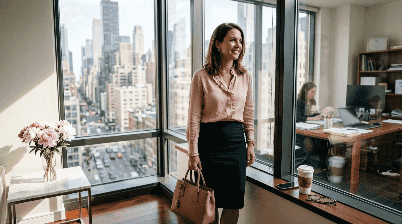 Woman in luxury feminine outfit in bright office