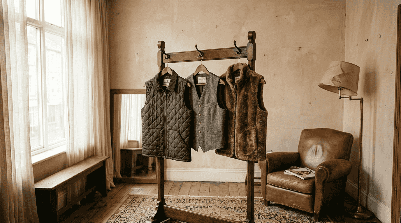 Different gilet styles on coat racks indoors