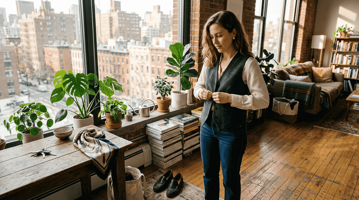 Woman buttoning wool gilet in city apartment