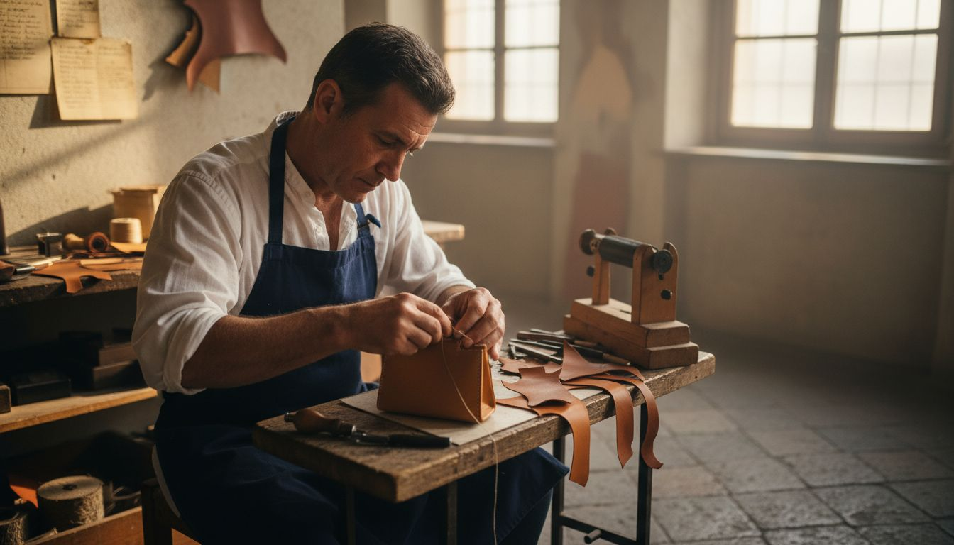Artisan creating luxury mini bag at workbench