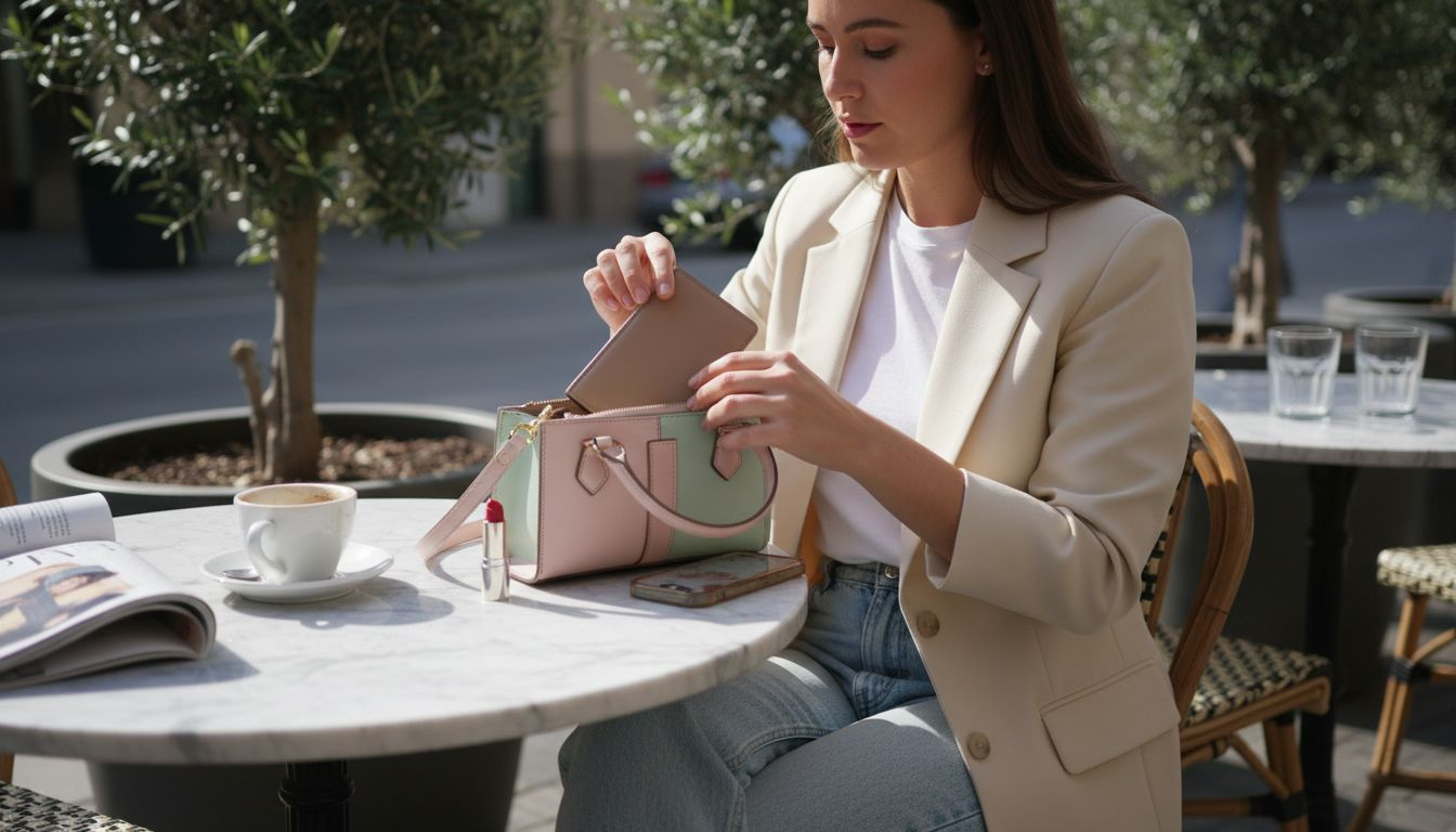 Woman packing essentials into mini bag at café