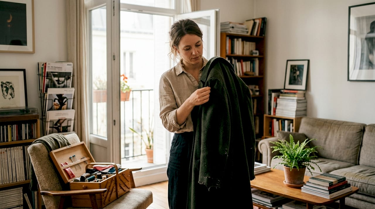 Woman inspecting vintage wool coat at home