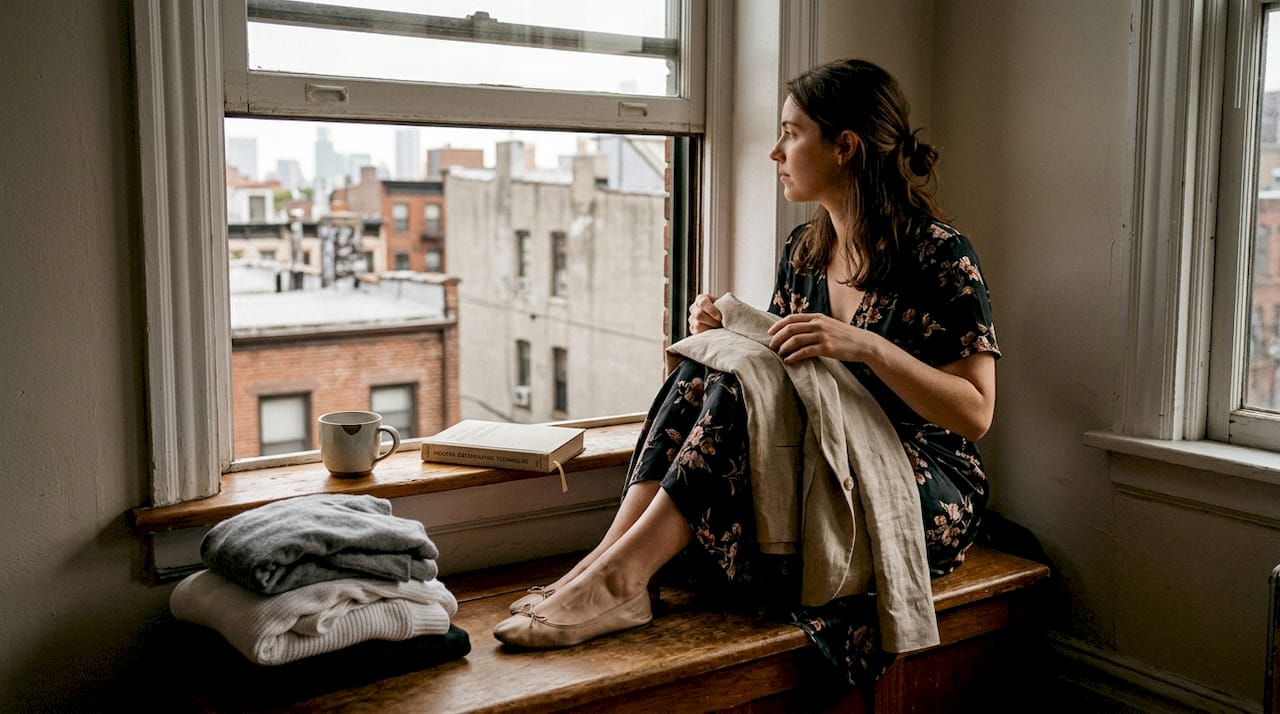 Woman mixes linen and silk textures on window bench