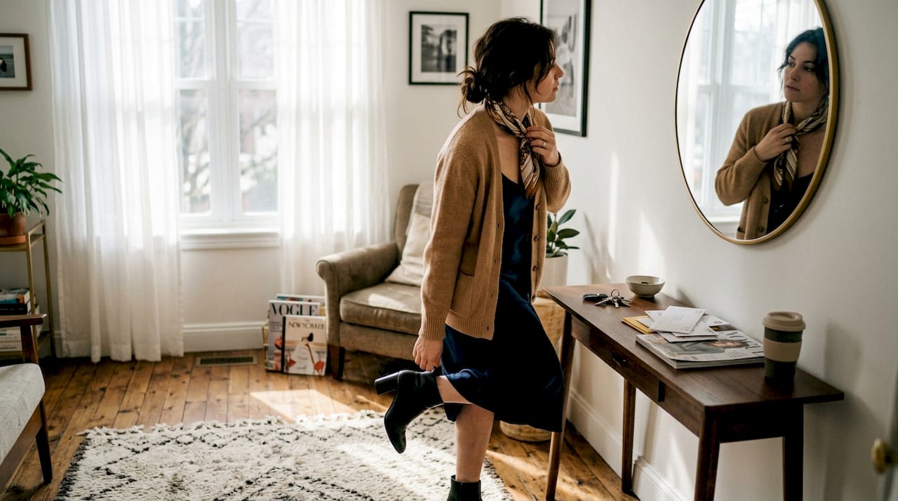 Woman layering designer dress in sunny living room