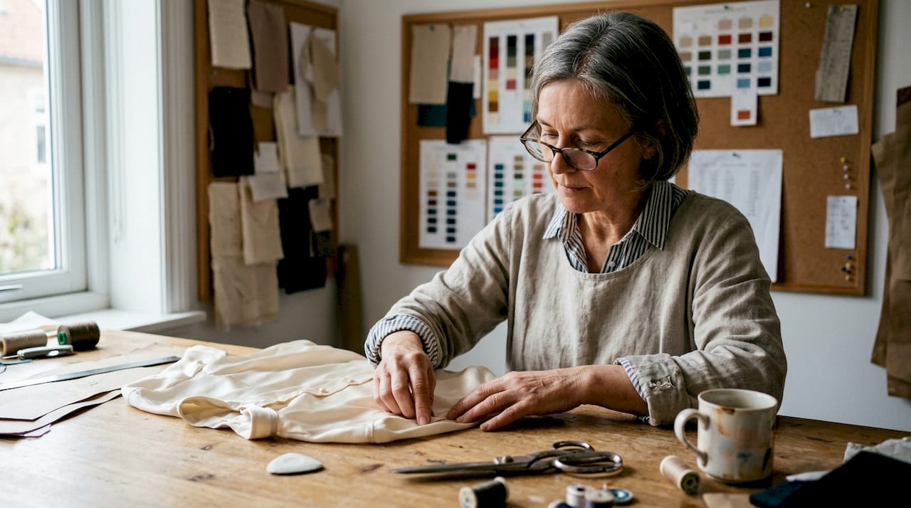 Artisan inspecting silk blouse in atelier