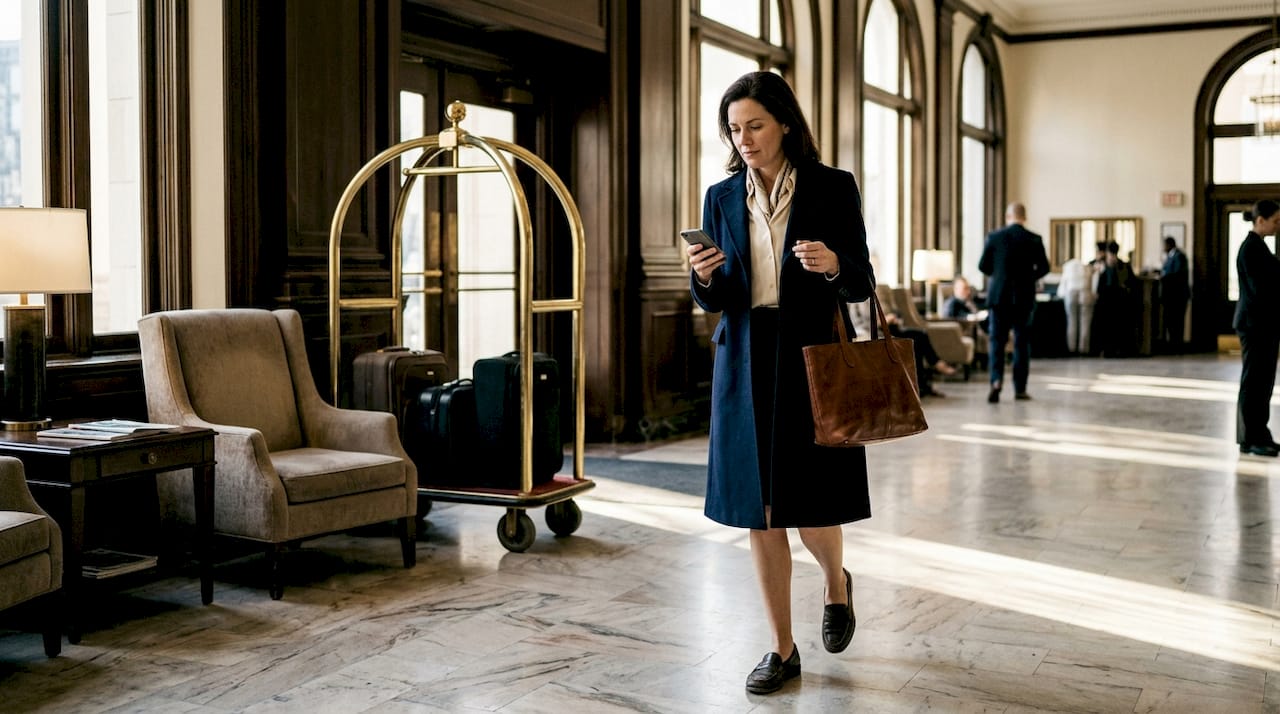 Woman in luxury outfit walking in hotel lobby