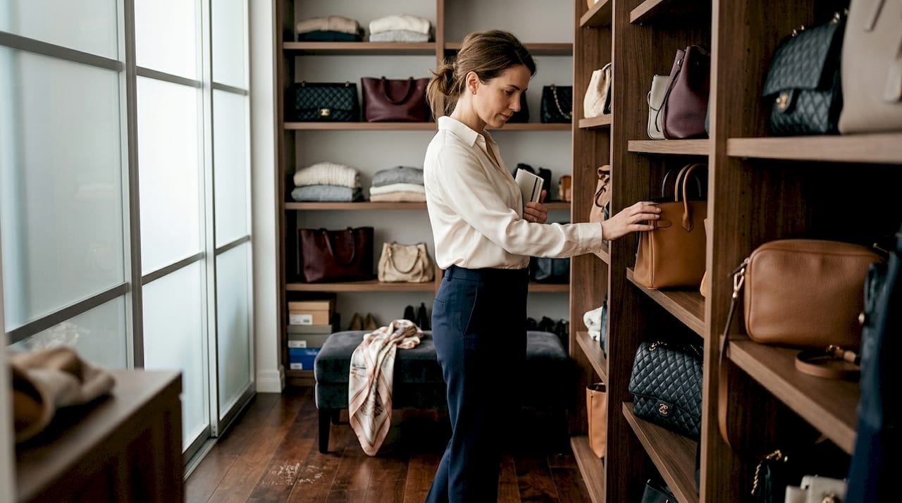 Woman browsing luxury handbags in closet