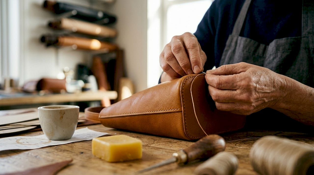 Artisan inspecting detailed leather handbag stitching