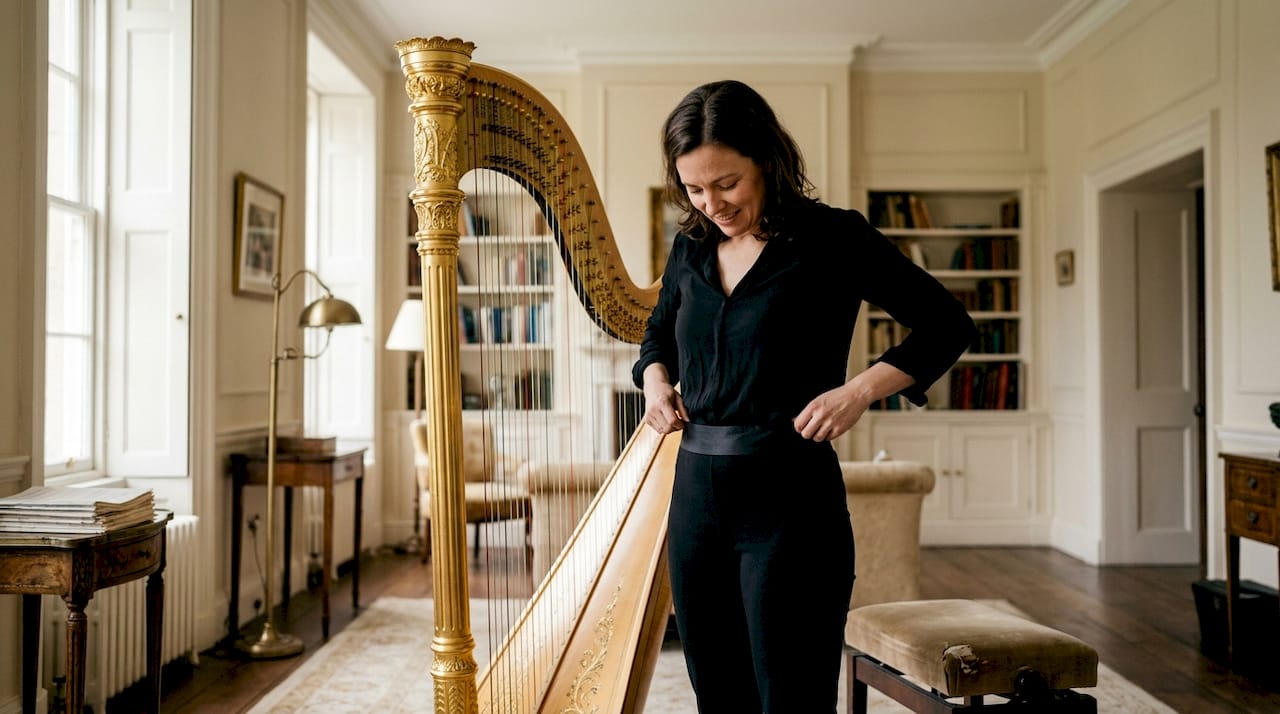 Harpist adjusting satin outfit by harp
