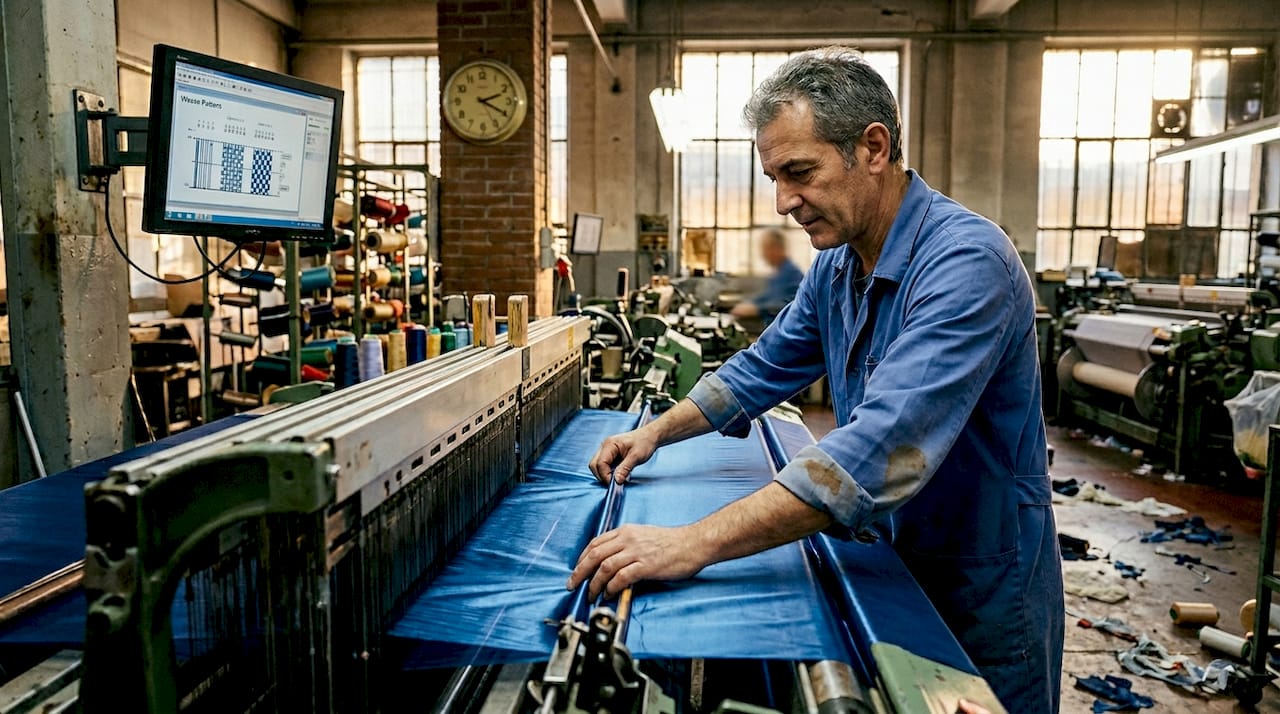 Satin weaving in Italian mill, artisan working