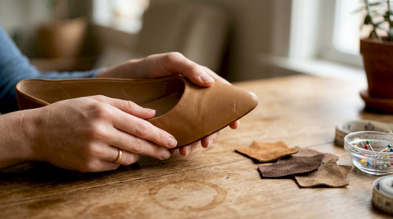 Hands examining nappa leather evening shoe