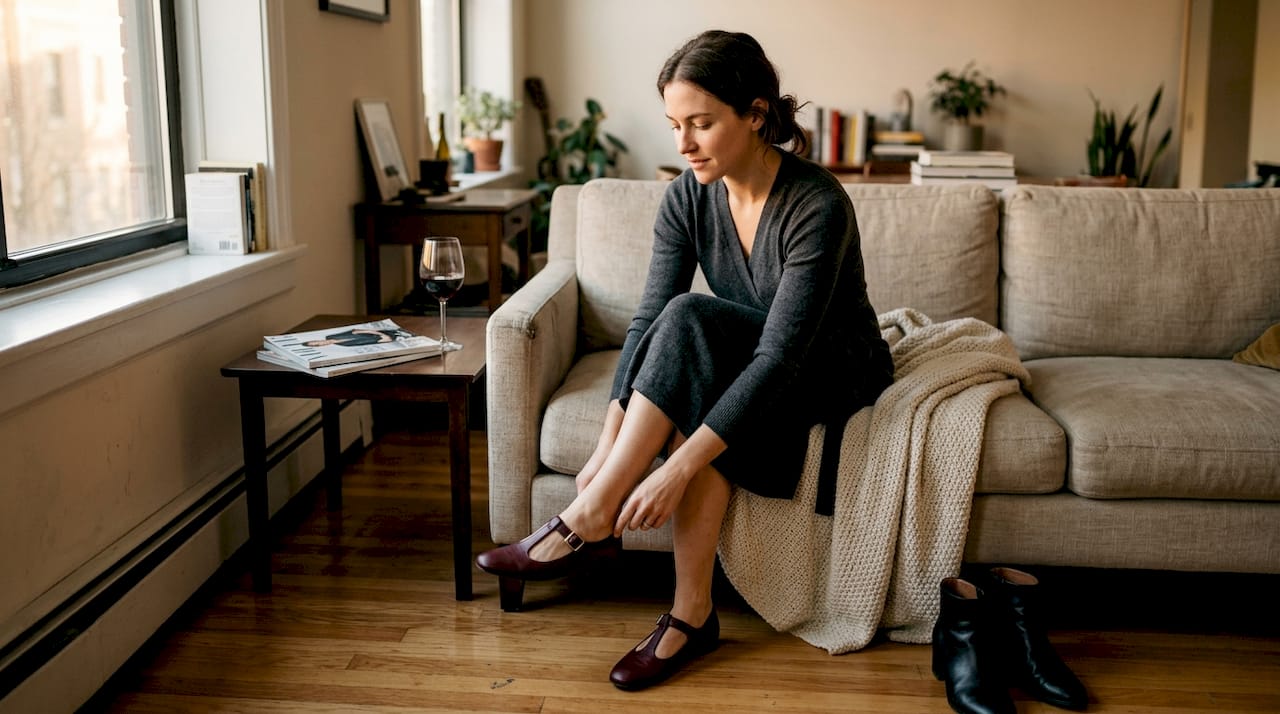 Woman slipping on luxury evening shoes