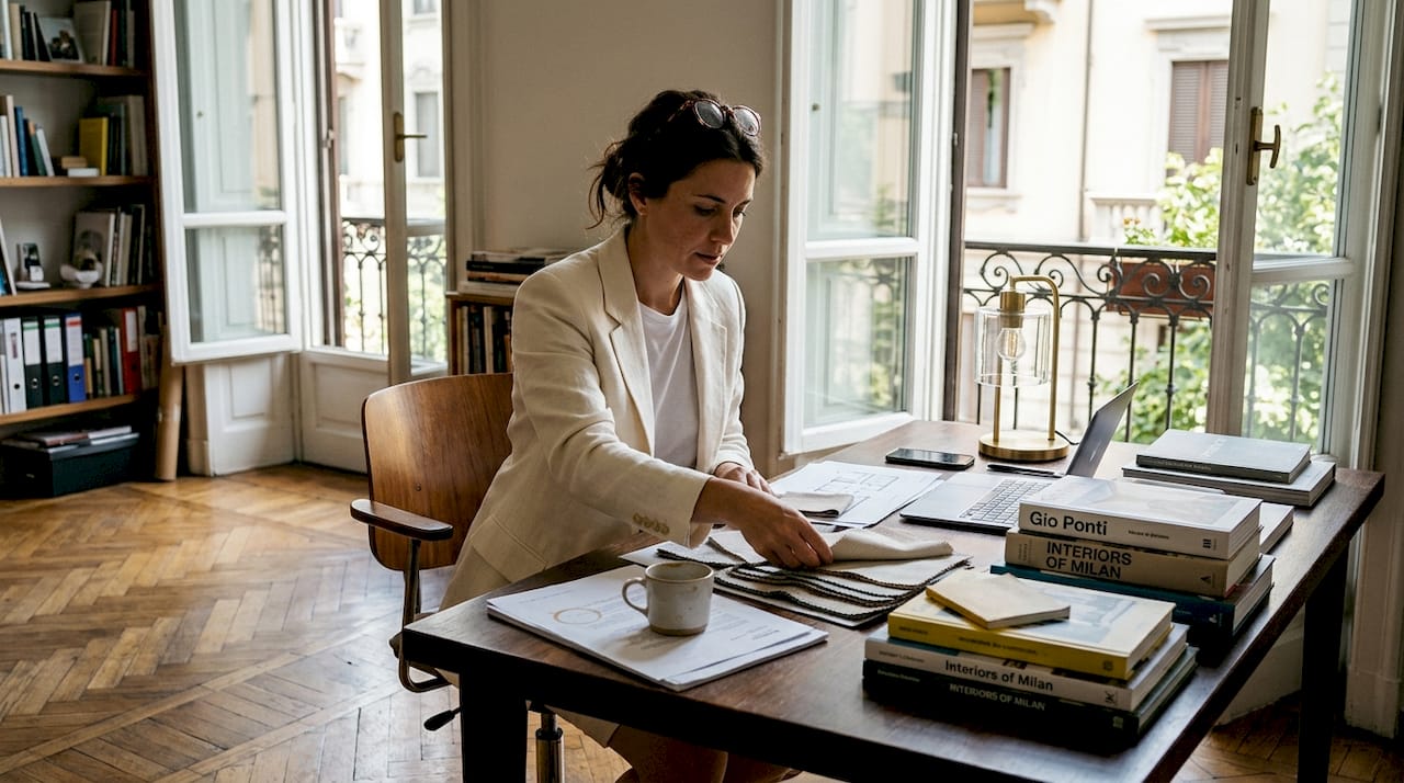 Woman in Italian short trouser suit at desk