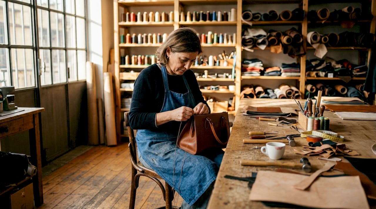 Artisan hand-stitching leather bag in studio